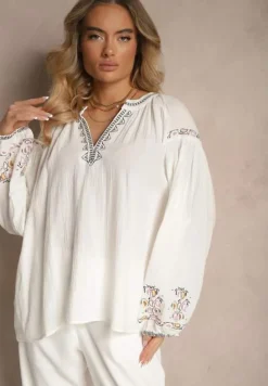 Biała Bluzka z Bawełny Ozdobiona Haftem Isdexira