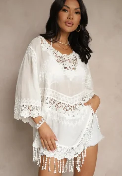 Biała Bluzka z Bawełny Ozdobiona Koronką Frędzlami i Haftem Puviane
