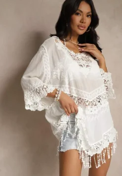 Biała Bluzka z Bawełny Ozdobiona Koronką Frędzlami i Haftem Puviane