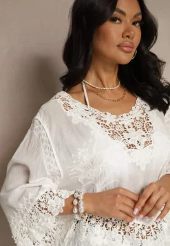 Biała Bluzka z Bawełny Ozdobiona Koronką Frędzlami i Haftem Puviane