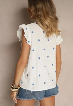 Biała Bluzka z Bawełny w Kwiaty z Falbankami Aravindra