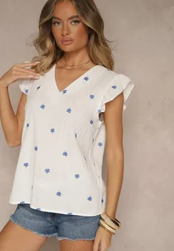 Biała Bluzka z Bawełny w Kwiaty z Falbankami Aravindra