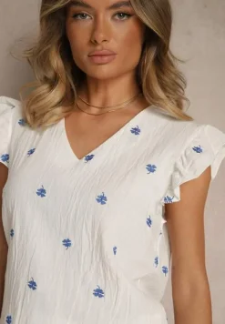 Biała Bluzka z Bawełny w Kwiaty z Falbankami Aravindra