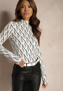 Biała Bluzka z Bawełny w Literowy Wzór z Półgolfem Iridelle