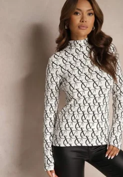 Biała Bluzka z Bawełny w Literowy Wzór z Półgolfem Iridelle