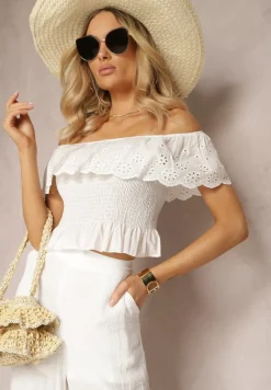 Biała Bluzka z Bawełny w Stylu Hiszpanki z Ażurową Falbanką i Gumką Urulla