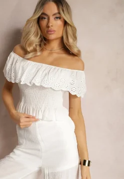 Biała Bluzka z Bawełny w Stylu Hiszpanki z Ażurową Falbanką i Gumką Urulla