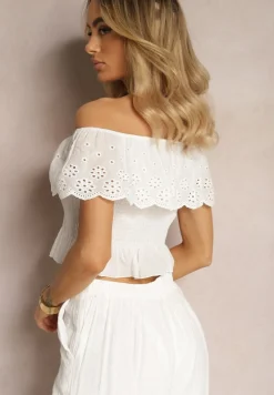 Biała Bluzka z Bawełny w Stylu Hiszpanki z Ażurową Falbanką i Gumką Urulla