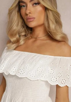 Biała Bluzka z Bawełny w Stylu Hiszpanki z Ażurową Falbanką i Gumką Urulla