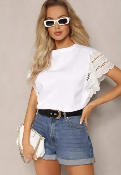 Biała Bluzka z Bawełny z Ażurowymi Krótkimi Rękawkami Asosta