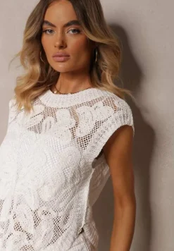 Biała Bluzka z Bawełny z Ażurowym Wykończeniem Bez Rękawów Helvitela