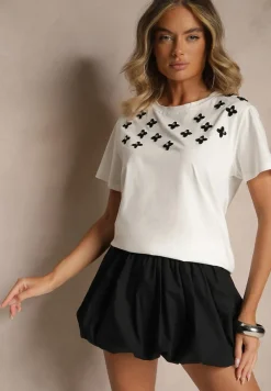 Biała Bluzka z Bawełny z Cyrkoniami i Haftami Firene