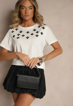 Biała Bluzka z Bawełny z Cyrkoniami i Haftami Firene