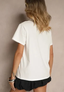 Biała Bluzka z Bawełny z Cyrkoniami i Haftami Firene