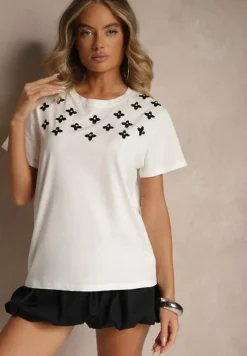 Biała Bluzka z Bawełny z Cyrkoniami i Haftami Firene