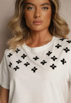 Biała Bluzka z Bawełny z Cyrkoniami i Haftami Firene