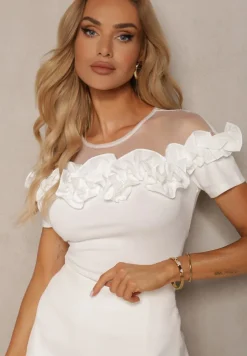 Biała Bluzka z Bawełny z Krótkim Rękawem Ozdobiona Falbanką i Siateczką Minalia