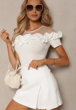 Biała Bluzka z Bawełny z Krótkim Rękawem Ozdobiona Falbanką i Siateczką Minalia