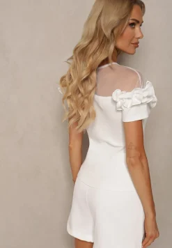 Biała Bluzka z Bawełny z Krótkim Rękawem Ozdobiona Falbanką i Siateczką Minalia