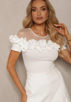 Biała Bluzka z Bawełny z Krótkim Rękawem Ozdobiona Falbanką i Siateczką Minalia