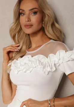 Biała Bluzka z Bawełny z Krótkim Rękawem Ozdobiona Falbanką i Siateczką Minalia