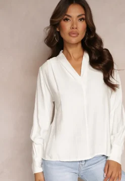 Biała Bluzka z Bufiastymi Rękawami i Trójkątnym Dekoltem Hilko