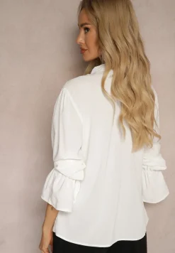 Biała Bluzka z Dodatkiem Bawełny Ozdobiona Kwiatem 3D Merisara