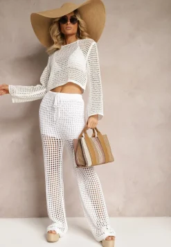 Biała Bluzka z Długim Rękawem z Ażurowej Tkaniny Uranest