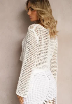Biała Bluzka z Długim Rękawem z Ażurowej Tkaniny Uranest