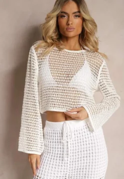 Biała Bluzka z Długim Rękawem z Ażurowej Tkaniny Uranest