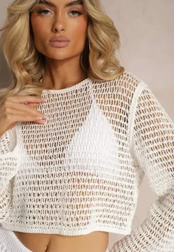 Biała Bluzka z Długim Rękawem z Ażurowej Tkaniny Uranest