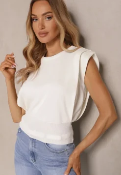 Biała Bluzka z Dzianiny z Wiskozą o Klasycznym Kroju Bez Rękawów Janilea
