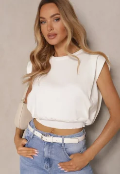 Biała Bluzka z Dzianiny z Wiskozą o Klasycznym Kroju Bez Rękawów Janilea