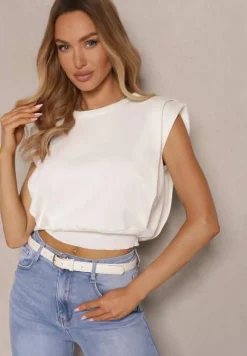 Biała Bluzka z Dzianiny z Wiskozą o Klasycznym Kroju Bez Rękawów Janilea