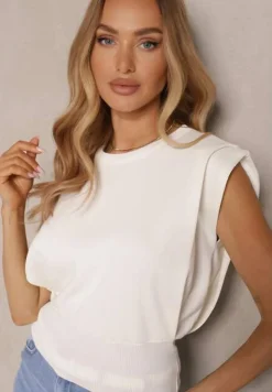 Biała Bluzka z Dzianiny z Wiskozą o Klasycznym Kroju Bez Rękawów Janilea