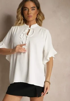 Biała Bluzka z Falbanami i Wiązaniem Fadeassa