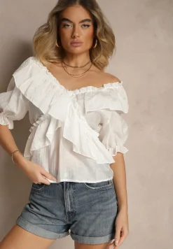 Biała Bluzka z Falbankami i Bufiastymi Rękawami Aliviera