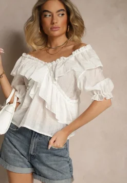 Biała Bluzka z Falbankami i Bufiastymi Rękawami Aliviera