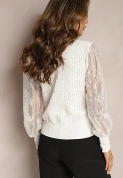 Biała Bluzka z Kołnierzykiem ze Wstążką i Siateczkowymi Rękawami Lelmira