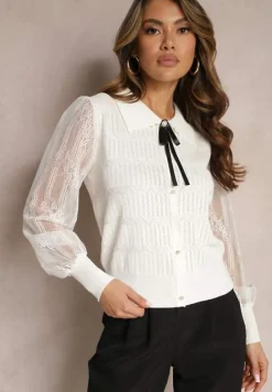 Biała Bluzka z Kołnierzykiem ze Wstążką i Siateczkowymi Rękawami Lelmira