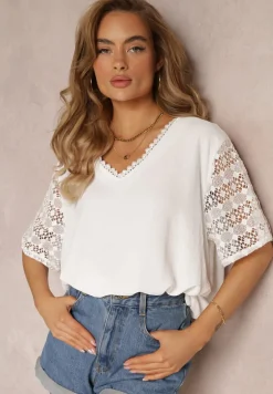 Biała Bluzka z Koronkowym Dekoltem i Rękawami z Wiskozy Cathlen