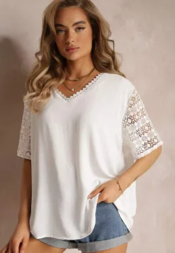 Biała Bluzka z Koronkowym Dekoltem i Rękawami z Wiskozy Cathlen