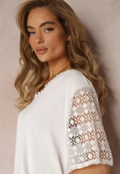 Biała Bluzka z Koronkowym Dekoltem i Rękawami z Wiskozy Cathlen