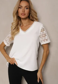 Biała Bluzka z Krótkim Rękawem i Ażurowym Zdobieniem Gracenie