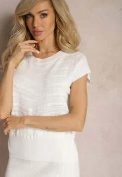 Biała Bluzka z Okrągłym Dekoltem i Tłoczeniem w Paski Tileni