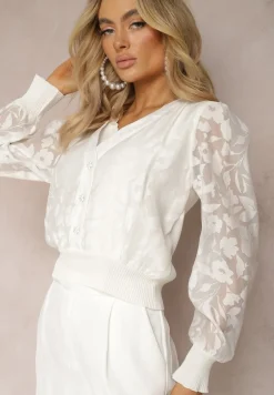 Biała Bluzka z Ozdobnymi Przeźroczystymi Rękawami i Guzikami Fletchera