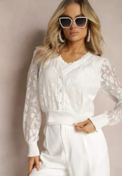 Biała Bluzka z Ozdobnymi Przeźroczystymi Rękawami i Guzikami Fletchera