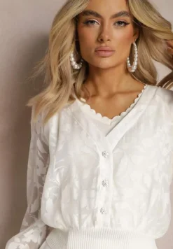 Biała Bluzka z Ozdobnymi Przeźroczystymi Rękawami i Guzikami Fletchera