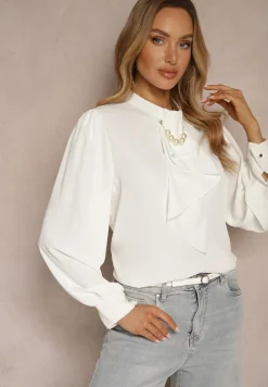 Biała Bluzka z Ozdobnymi Perełkami i Falbaną Mirretis
