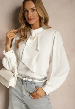 Biała Bluzka z Ozdobnymi Perełkami i Falbaną Mirretis